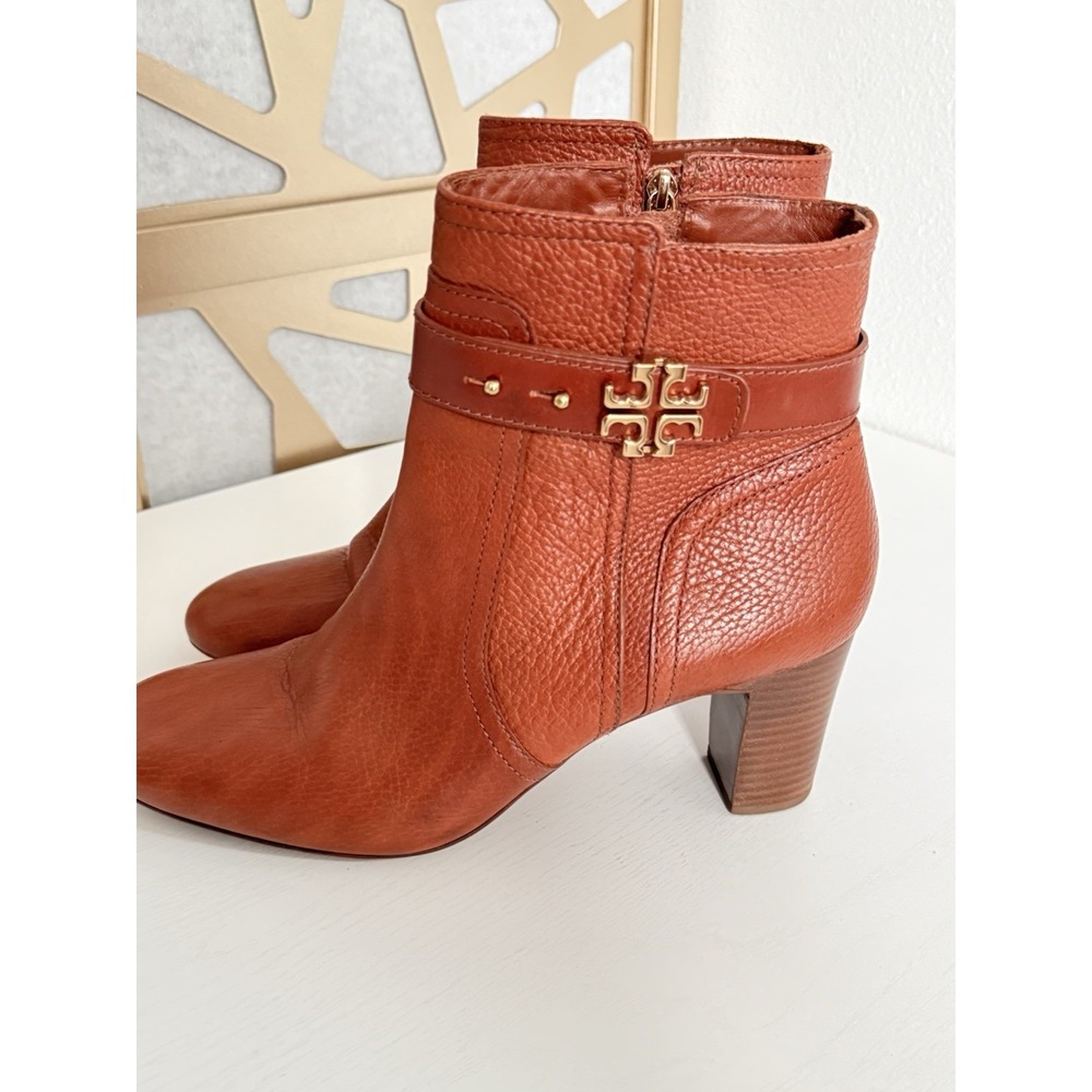 Tory Burch Cognac Leather Elina Ankle Boots Bootie Double T Block Heel Size 11 M